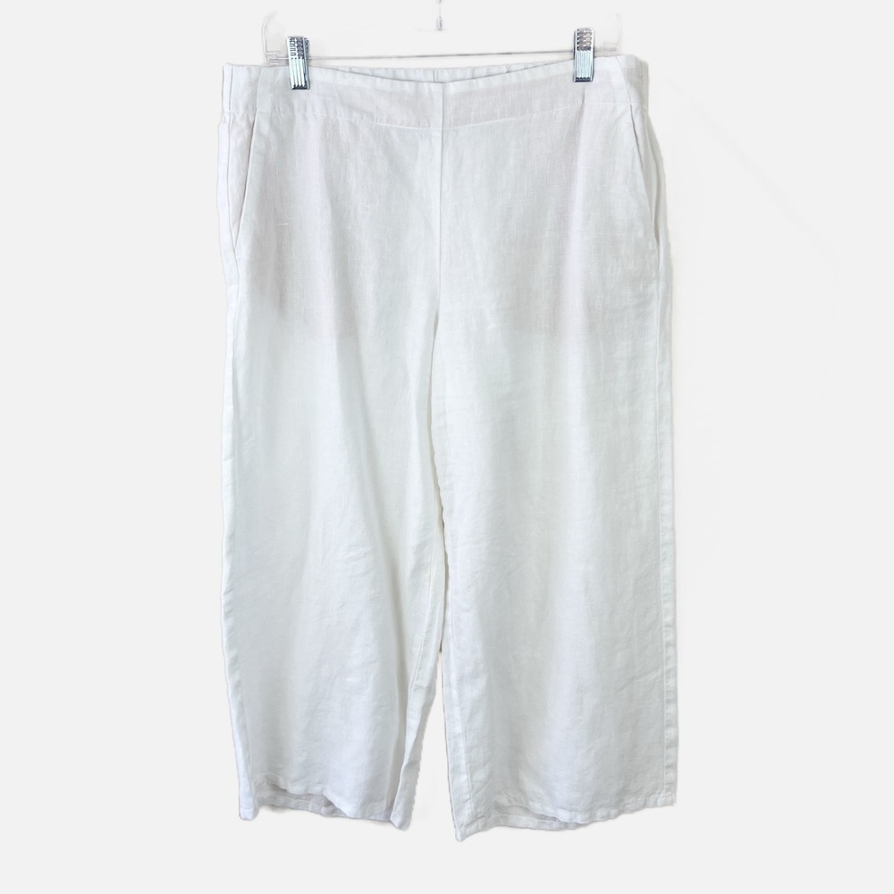 J JILL White 100% Linen Mid Rise Wide Leg Side Zip Cropped Pant Sz Medium Petite